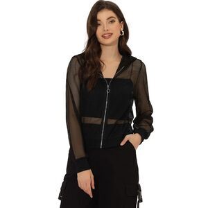Hoodie Jacket Zip Up Long Sleeve Mesh Sheer Bomber Jackets Black